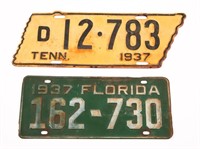 1937 LICENSE PLATES - FLORIDA AND TENNESSEE