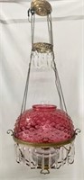 Hobnail Cranberry Glass Hanging Pull Down Lamp