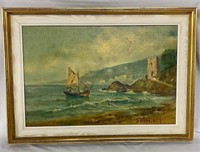 Oil on Board - Artist Signed - Castle Ruins/ Ship