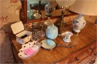 Two lamps, jewelry plate, Box of miscellaneous