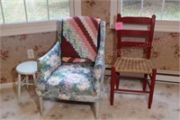 Stool, weaved bottom Street chair, floral sitting