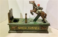 Cast-iron show jumper mechanical bank, horse and