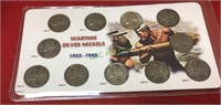 Coins, wartime silver nickel set, 1942 through