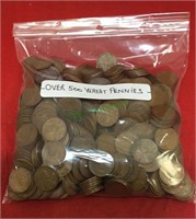 Coins, bag with over 500 wheat pennies.(1178)