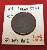 1841 large cent, fine, braided hair, good