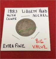 1883 liberty head nickel with cents, extra fine,