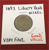 1893 liberty head nickel, very fine, good