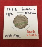 1913 D buffalo nickel, type one, very fine, good