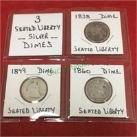 Coins, three seated liberty silver dimes.(1178)