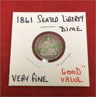 1861 seated liberty dime, very fine, good