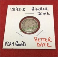1895S barber dime, very good, better date.(1178)