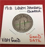 1918 liberty standing quarter, very good, good