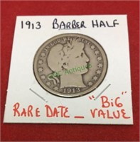 1913 barber half dollar, rare date, big