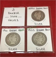 Coins, three Barber silver halves, 1899O 1910
