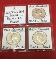 Coins, three Washington silver quarters, proof,