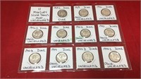 Coins, 11 Mercury Silver dimes, most