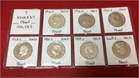Coins, seven Kennedy half dollars, proof,