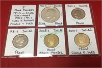 Coins, five different proof dollars, Eisenhower