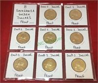 Coins, eight Sacajawea golden dollars, proof,