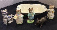 3 Beatrix Potter ceramic cats, 1 bronze mouse,