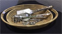 Mixed lot, small oval wicker basket with silver