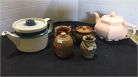 Six piece lot, two ceramic pitchers one blue and