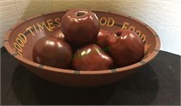 Carved wooden bowl with carved wooden apples,