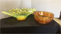 Decorative bowls, one yellow opalescent, one