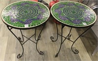 pair of green and blue mosaic tile top tables