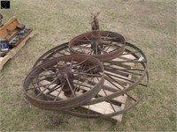 2 steel dump rake wheels, 2 steel wagon wheels
