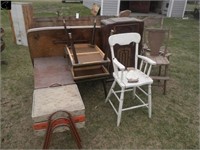 3 antique chairs, antique radio cabinet, converted