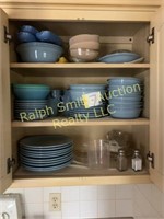 Blue Fiestaware dishes, misc. in cabinet