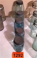 5 Vintage Blue Glass Mason & Atlas Jars
