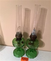 Pair of Green Glass Kerosene Lamps