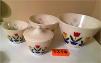 4 Fire King Tulip Print Bowls (Some damaged)