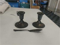 Weighted Sterling Candlesticks & Sterling Knife