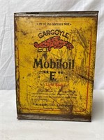 Gargoyle Mobiloil E gallon tin, side cut out