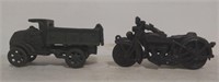 Cast iron Army truck & motorcycle w/ sidecar toy