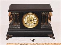 EBONIZED SCROLL & PILLAR MANTLE CLOCK - RUNS