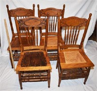 SET 4 OAK PRESSED BACK CHAIRS - 2 WITH CANED SEATS