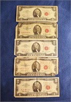 LOT - 5 RED SEAL 2 DOLLAR NOTES