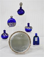 5 pcs Cobalt Scent Bottles & Mirrored Dresser Tray