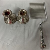 Sterling Cake Rake and Pair Candle Holders
