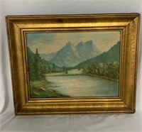 Signed Oil on Canvas Lake w/ Mountains