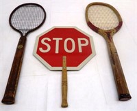 Two Vintage Tennis Rackets & Stop Sign