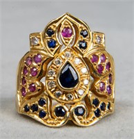 18K Yellow Gold Diamond & Sapphire & Ruby Ring