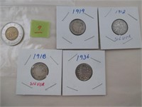 4 Pièces de 10¢ CANADA 1912,1918,1919,1936