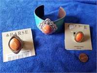 3 Pc Orange Stone Cuff Braclet & Rings