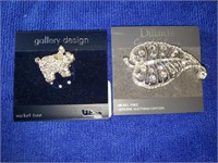 2 Pc Silver Tone & Gemstone Pins Pig, Leaf