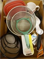 Assorted Kitchen Items, Strainer, Measure Cups,